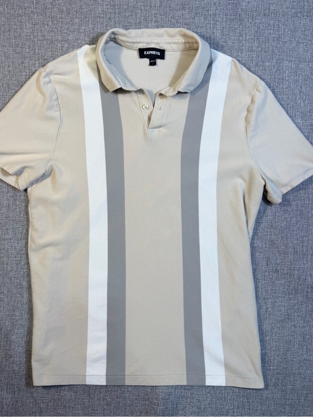 Express Men’s Beige Polo with Gray & White Vertical Stripes
